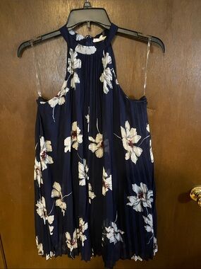 Navy Floral Halter Pleated Mini Dress